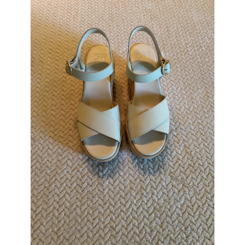 Sorel Cameron Flatform Sandal Sea Salt White Leather Wedge NL5359-191 Womens 9.5